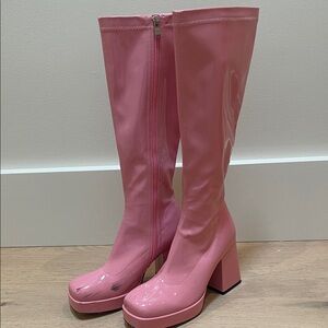 Patent Pink Over-the-Knee Platform Boots with Block Heel